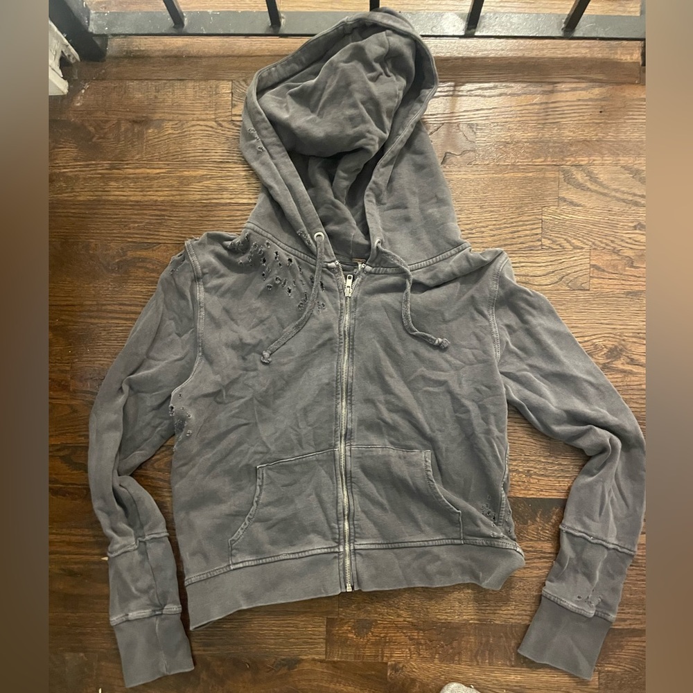 Free People Zip Up Distressed Hoodie Jacket with Pockets